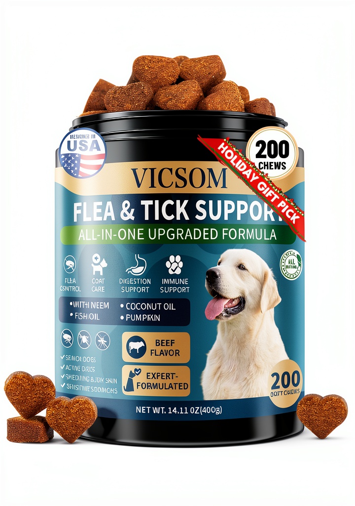 VICSOM dog flea chews bottle with beef-flavored chews displayed