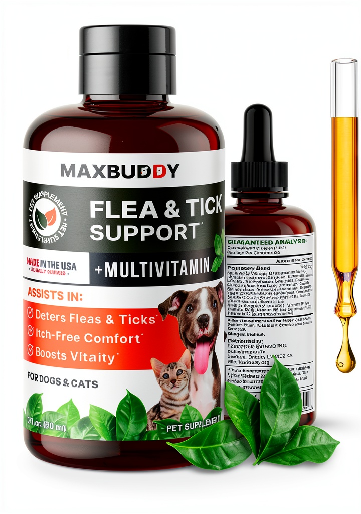 Maxbuddy flea and tick drops bottle with dropper on a clean surface