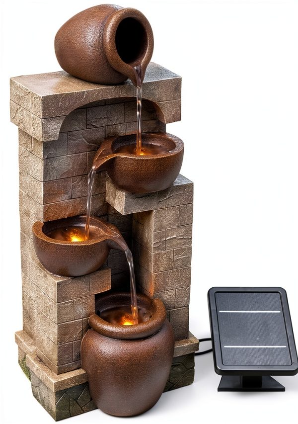 Outdoor Water Fountain Teamson Home 28in Cascading Bowls LED Brown-0