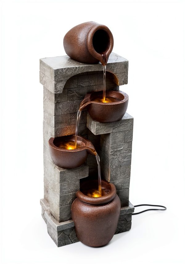 Outdoor Water Fountain Teamson Home 28in Cascading Bowls LED Brown-5